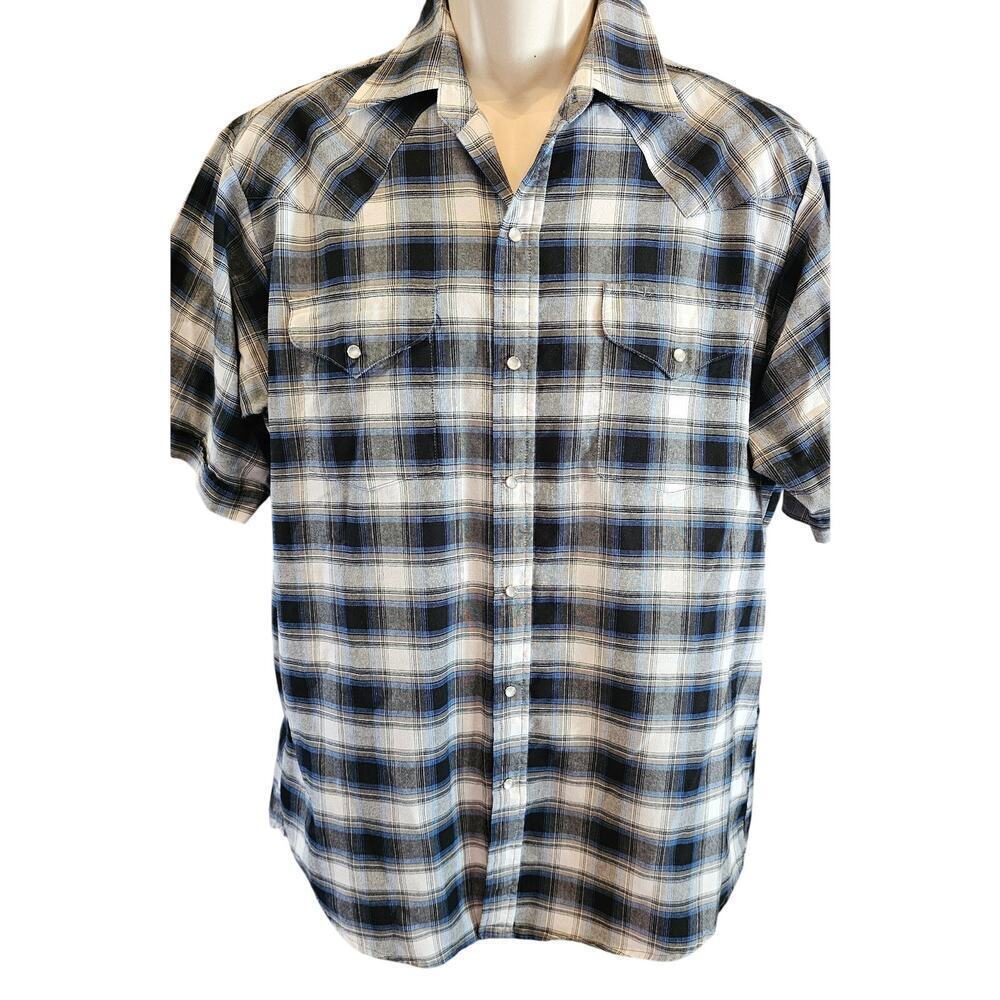 Vintage western Ely cattleman wrinkle resistant blue plaid rodeo pearl snap L